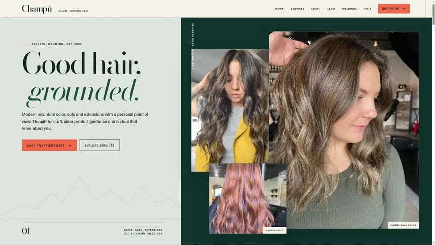 The Champú Salon site open on a phone, showing the booking panel